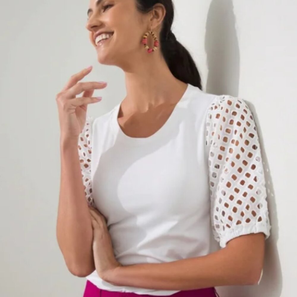 NEW! Chico's Eyelet Elbow Sleeve Top in ALABASTER (2)